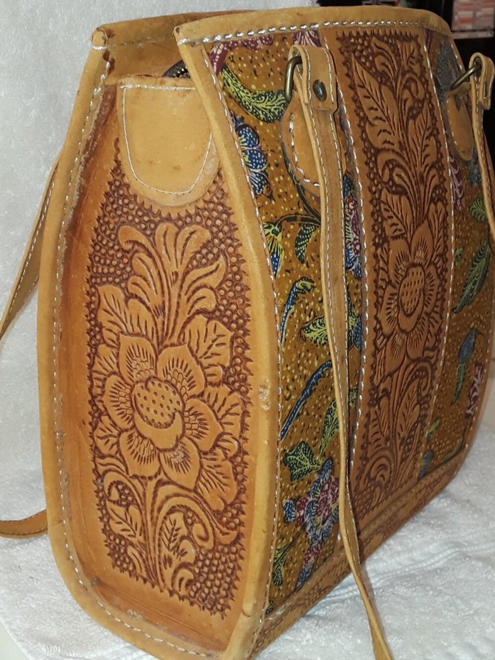 Shoulder Bag Leather Hand Tooled/Painted Floral Suede Lined Boho Vintage Tote - Picture 3 of 16